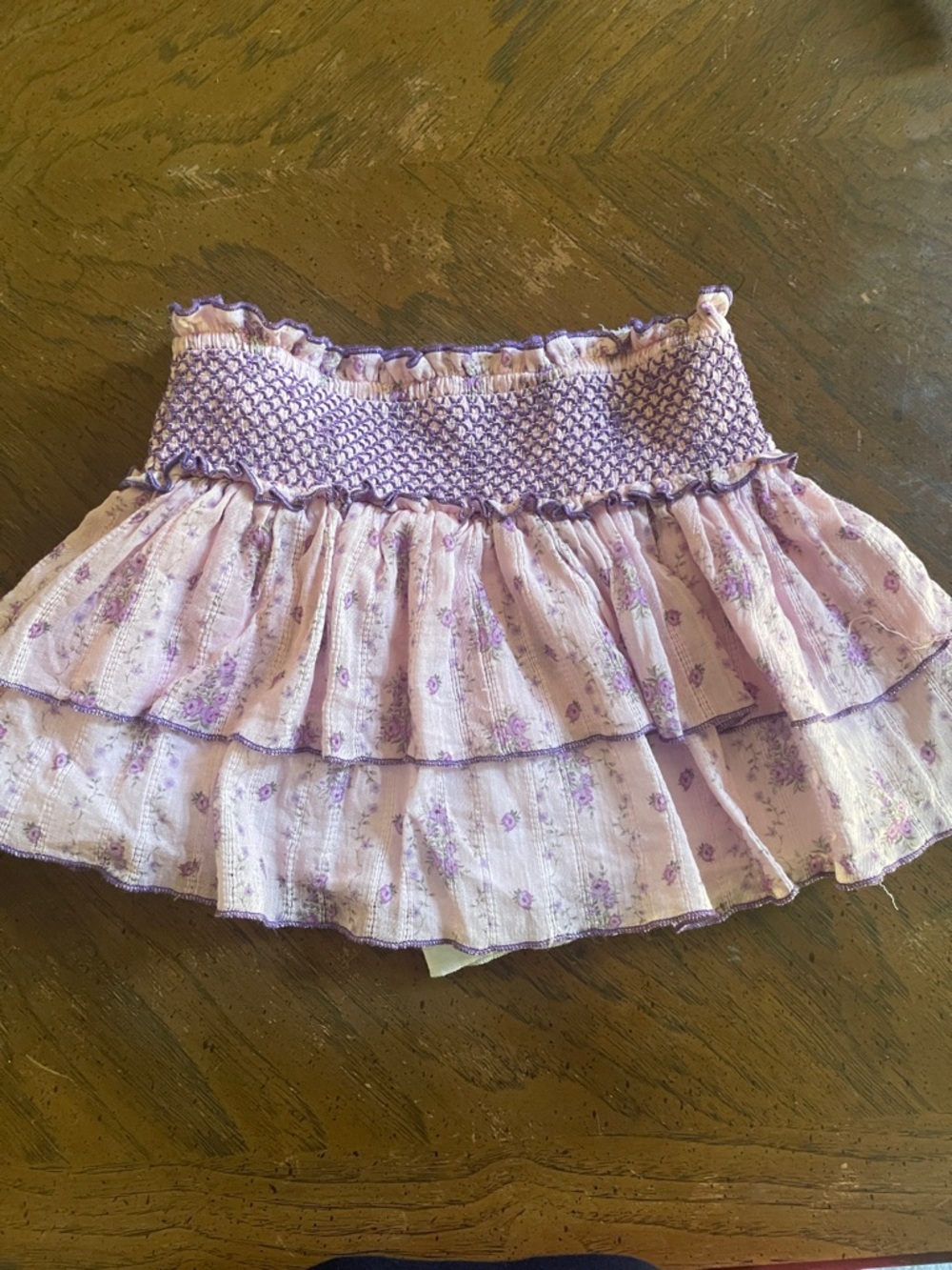 KatieJ NYC Smocked Lavender Floral Tiered Mini Skirt size large
